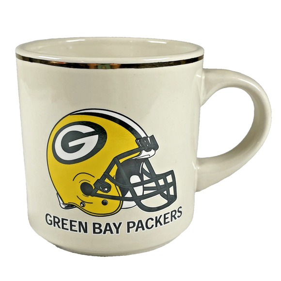 Green Bay Packers Vtg Coffee Mug Cup Cream w/ Helmet Logo Graphic, Gold Rim - Picture 1 of 6
